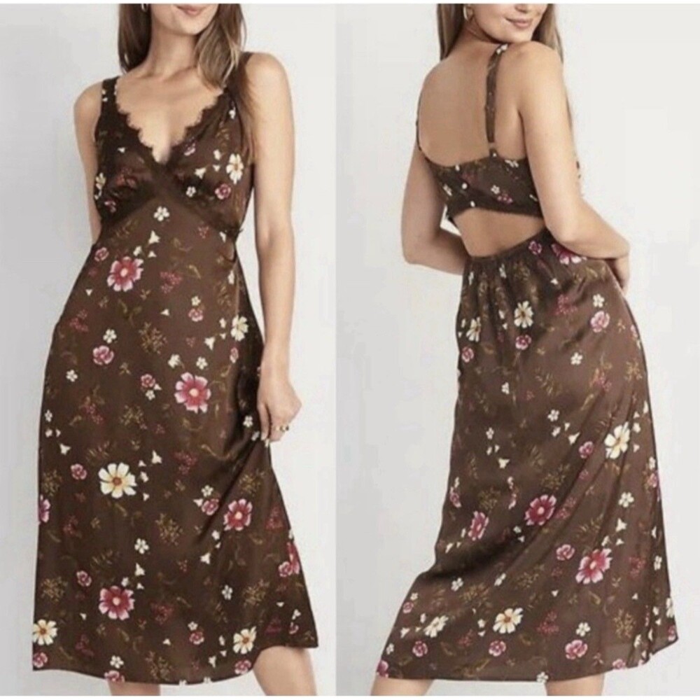 Old Navy Women’sLace-Trimmed Satin Cami Slip Dress M Brown Floral Midi Babydoll